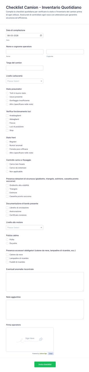 Modulo Di Inventario Giornaliero Del Camion