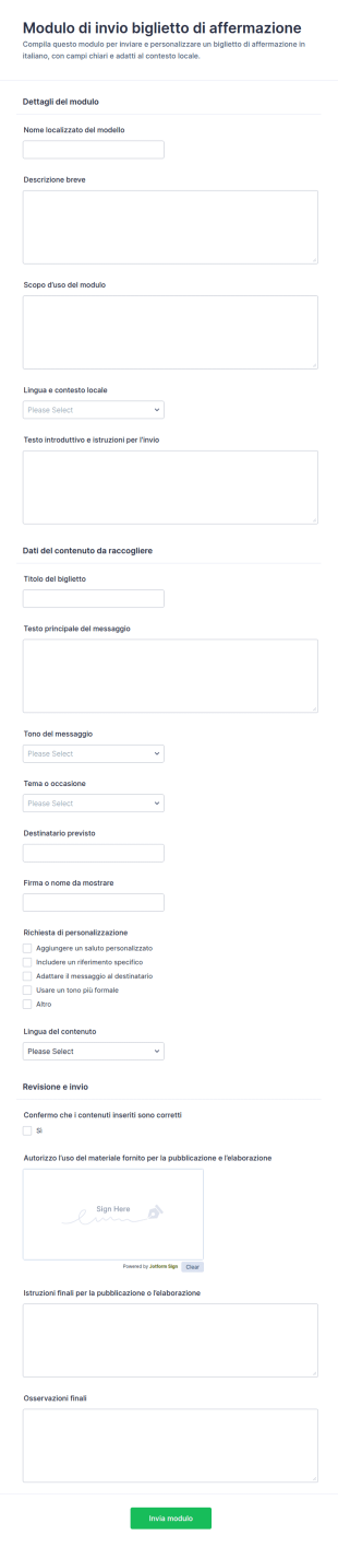 Modulo Di Invio Cartoline Di Affermazioni