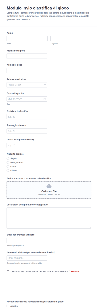Modulo Di Invio Classifica Di Gioco