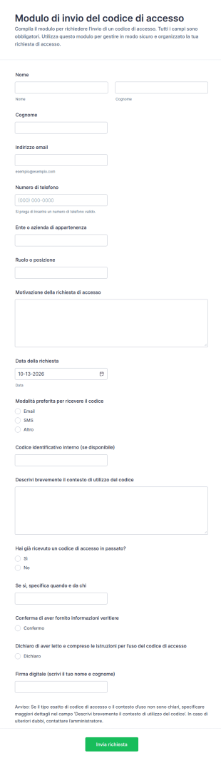 Modulo Di Invio Codice Di Accesso
