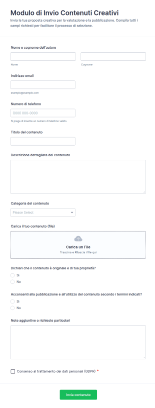 Modulo Di Invio Contenuti Creativi