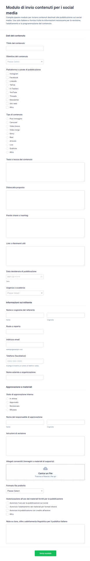 Modulo Di Invio Contenuti Per I Social
