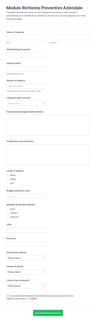 Modulo Di Invio Della Categoria Di Preventivo