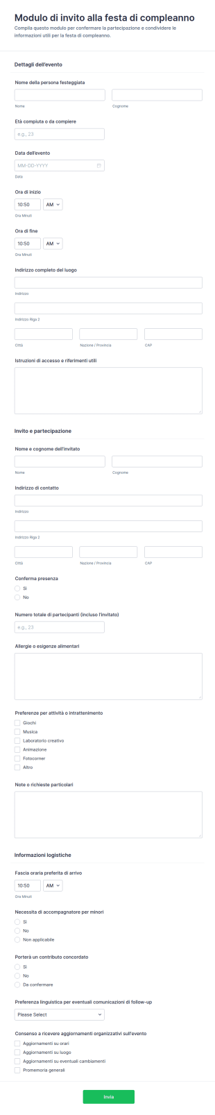Modulo Di Invito Alla Festa Di Compleanno