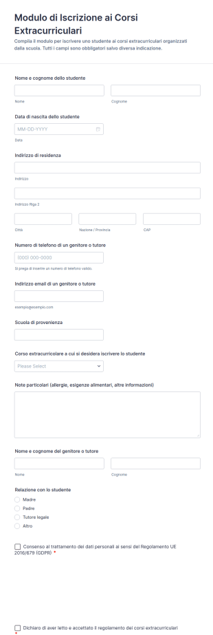 Modulo Di Iscrizione A Corsi Extracurriculari
