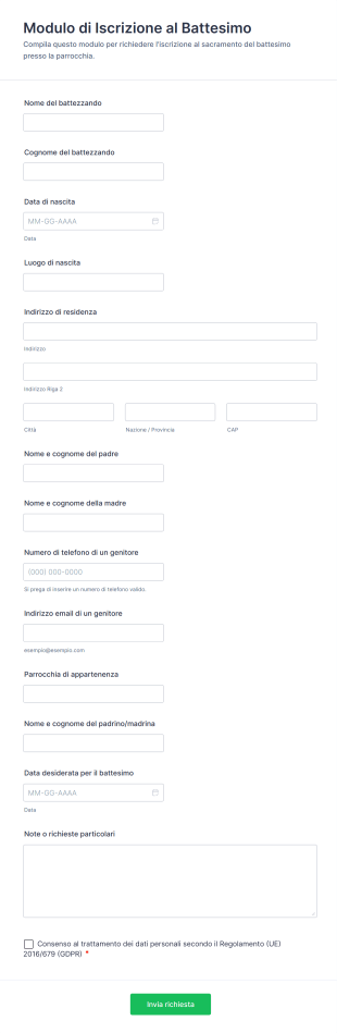Modulo Di Iscrizione Al Battesimo
