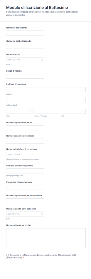 Modulo Di Iscrizione Al Battesimo