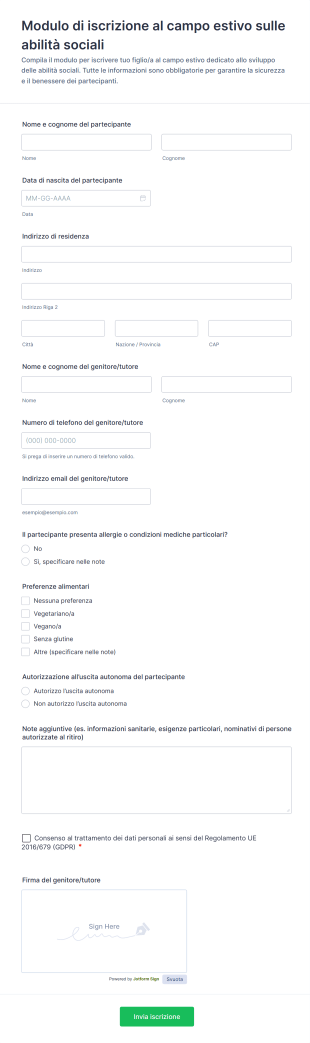 Modulo Di Iscrizione Al Campo Estivo Sulle Abilità Sociali