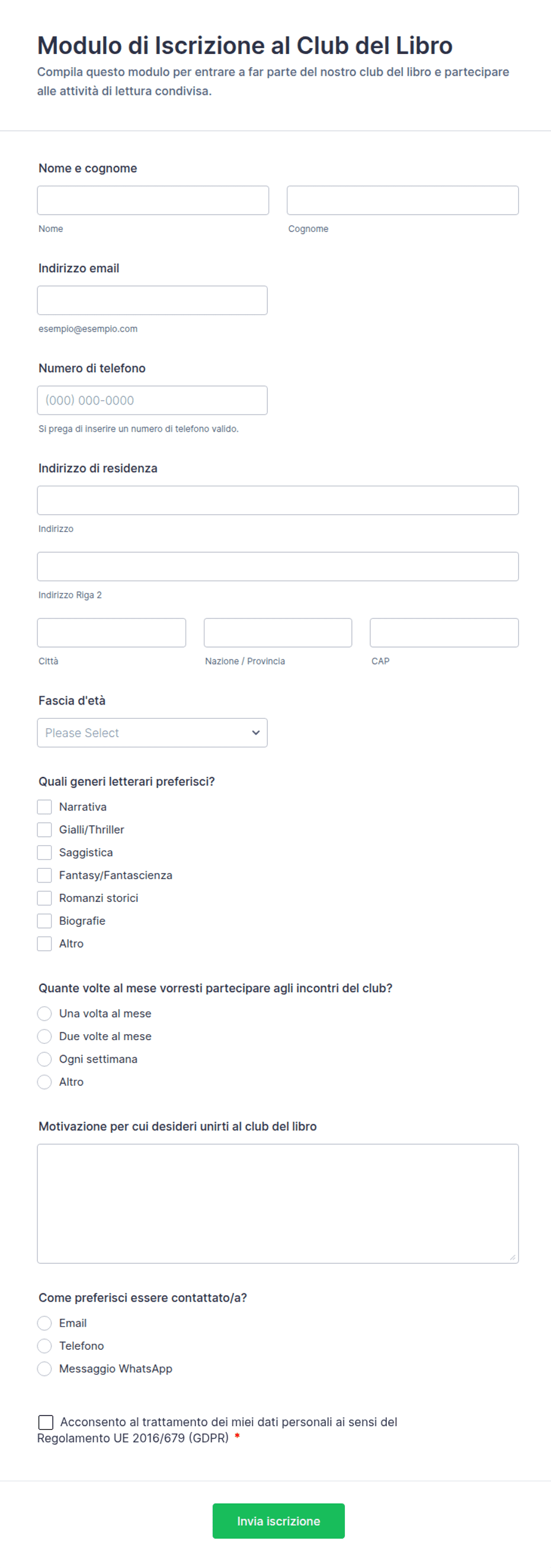 Modulo di Iscrizione al Club del Libro | Jotform