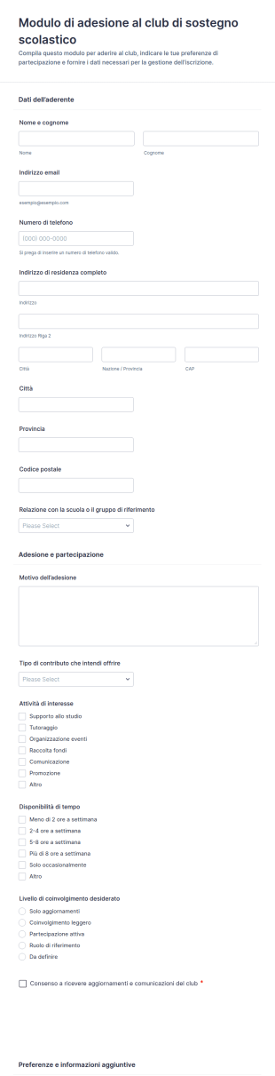 Modulo Di Iscrizione Al Club Di Supporto