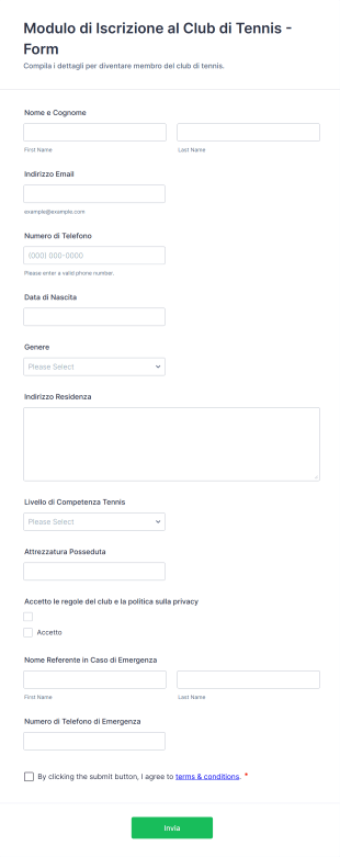 Modulo Di Iscrizione Al Club Di Tennis Form