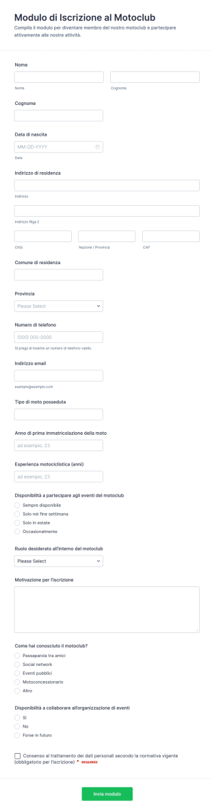 Modulo Di Iscrizione Al Club Motociclistico