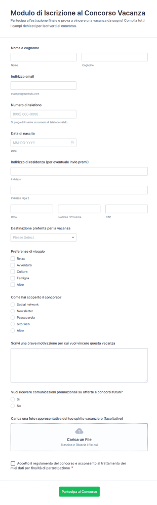 Modulo Di Iscrizione Al Concorso Vacanze