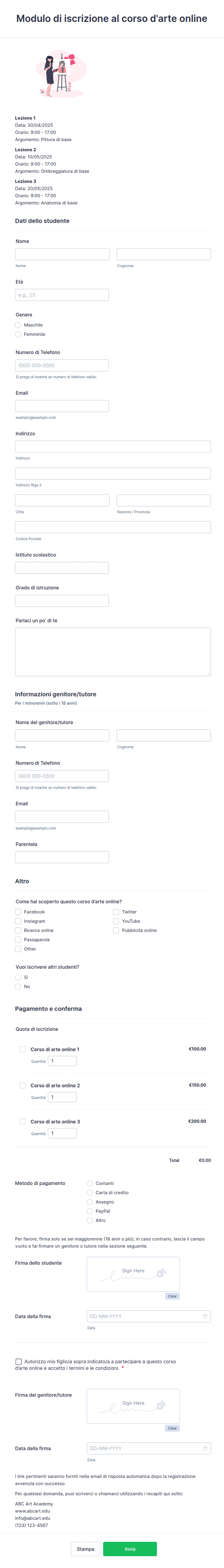 Modulo di iscrizione al corso d'arte online Template Modulo | Jotform