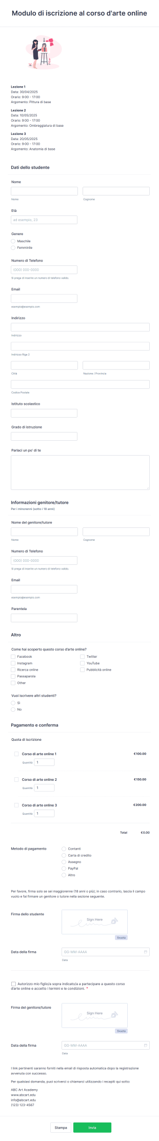 Modulo Di Iscrizione Al Corso D'arte Online Form Template