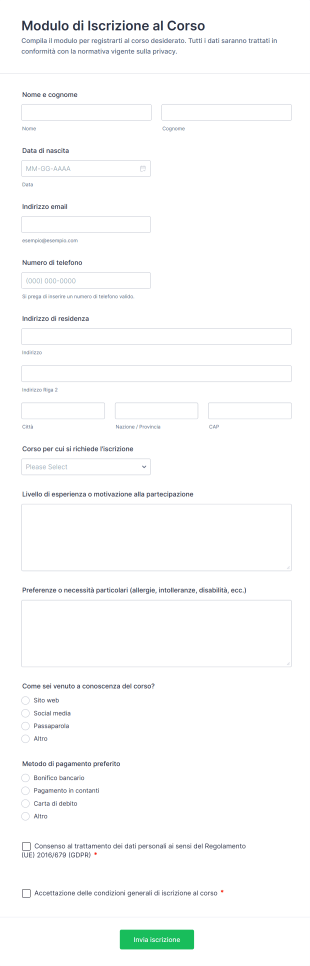 Modulo Di Iscrizione Al Corso