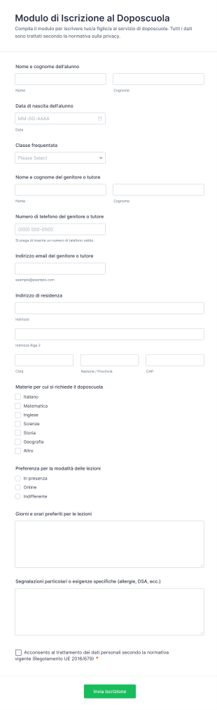 Modulo Di Iscrizione Al Doposcuola