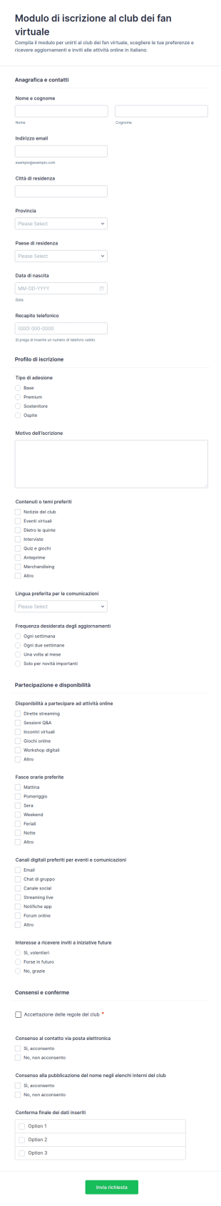 Modulo Di Iscrizione Al Fan Club Virtuale