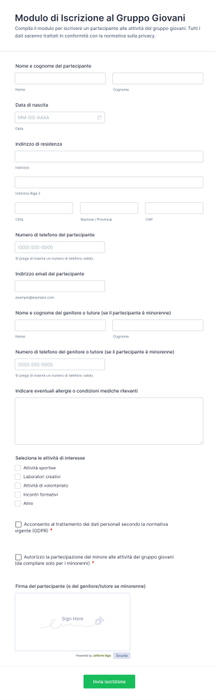Modulo Di Iscrizione Al Gruppo Giovani