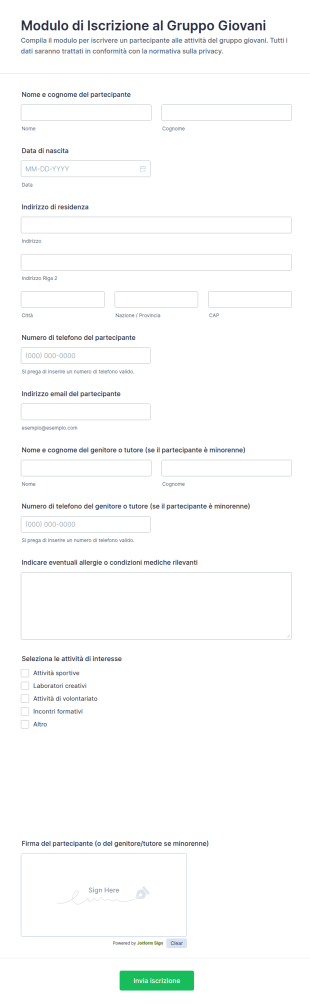 Modulo Di Iscrizione Al Gruppo Giovani