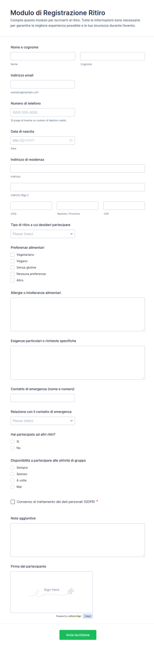 Modulo Di Iscrizione Al Ritiro