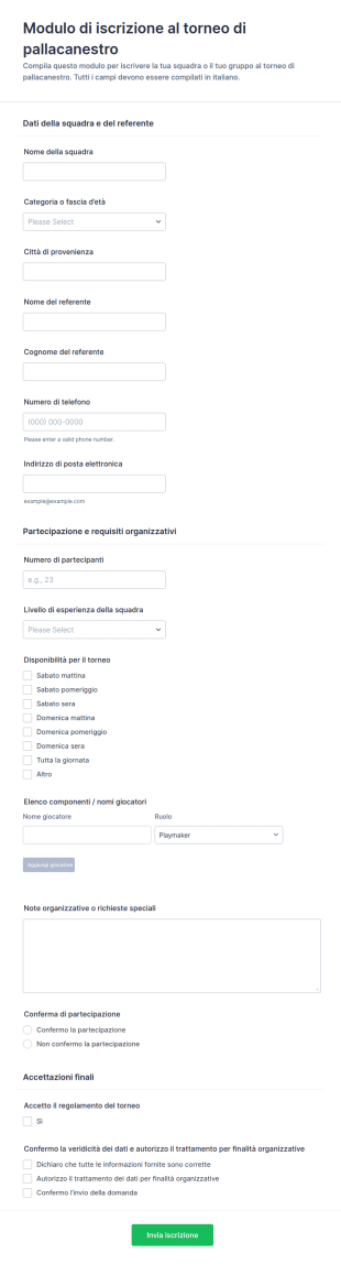 Modulo Di Iscrizione Al Torneo Di Pallacanestro