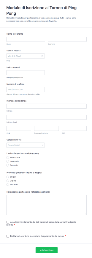 Modulo Di Iscrizione Al Torneo Di Ping Pong