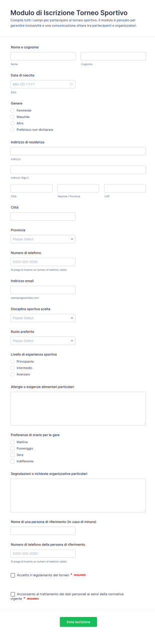 Modulo Di Iscrizione Al Torneo Sportivo