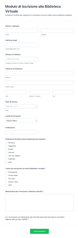 Modulo Di Iscrizione Alla Biblioteca Virtuale