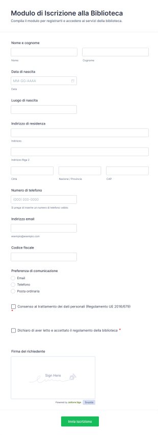 Modulo Di Iscrizione Alla Biblioteca