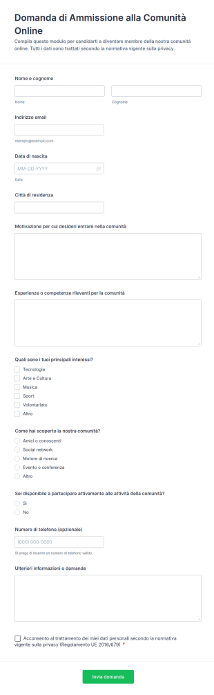 Modulo Di Iscrizione Alla Comunità