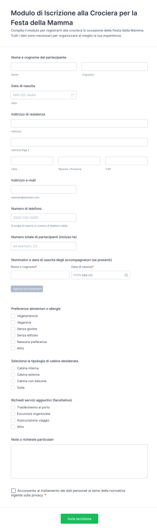 Modulo Di Iscrizione Alla Crociera Per La Festa Della Mamma