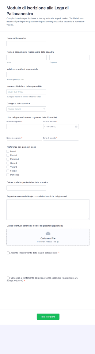 Modulo Di Iscrizione Alla Lega Di Pallacanestro