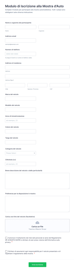 Modulo Di Iscrizione Alla Mostra D'Auto