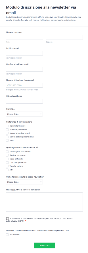Modulo Di Iscrizione Alla Newsletter Via Email