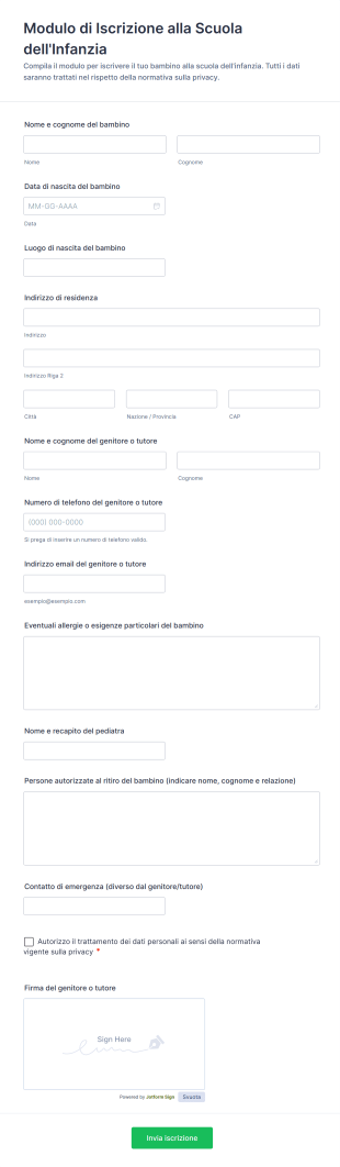 Modulo Di Iscrizione Alla Scuola Dell'Infanzia | Jotform