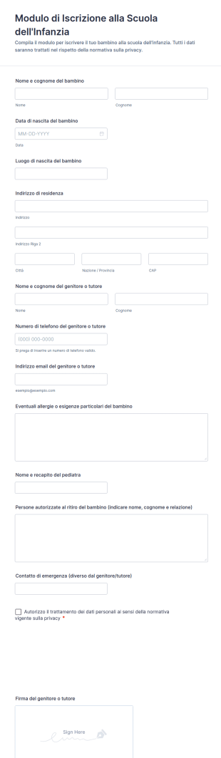 Modulo Di Iscrizione Alla Scuola Dell'Infanzia