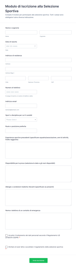 Modulo Di Iscrizione Alla Selezione Sportiva