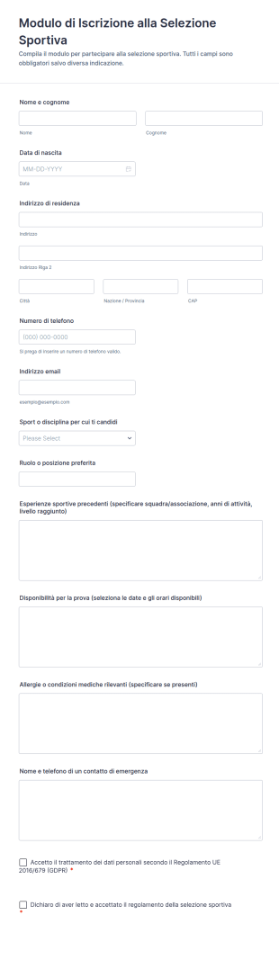 Modulo Di Iscrizione Alla Selezione Sportiva