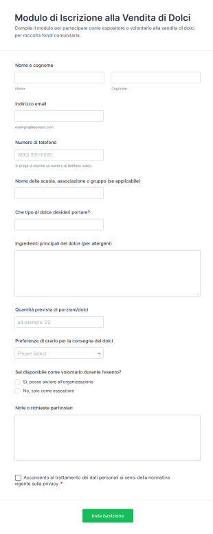 Modulo Di Iscrizione Alla Vendita Di Dolci