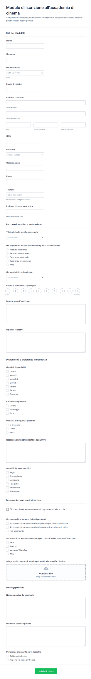 Modulo Di Iscrizione All’Accademia Di Cinema