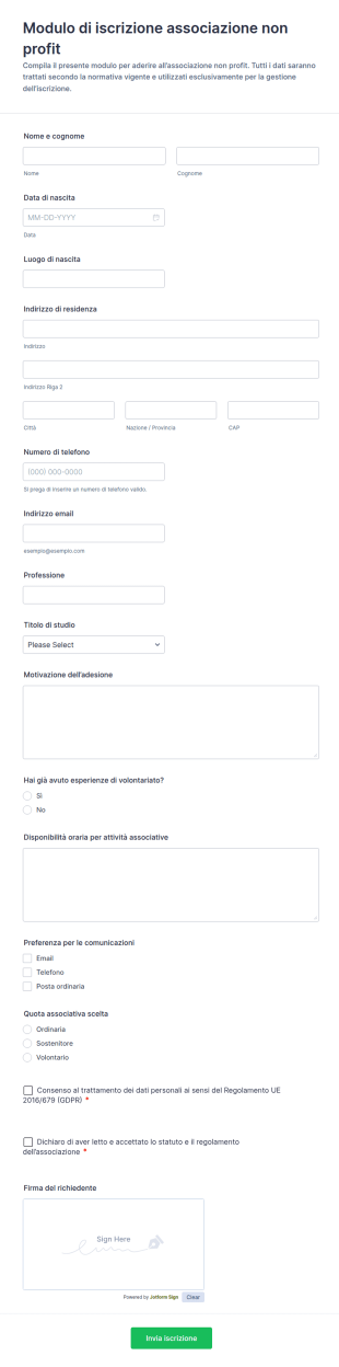 Modulo Di Iscrizione All’Associazione
