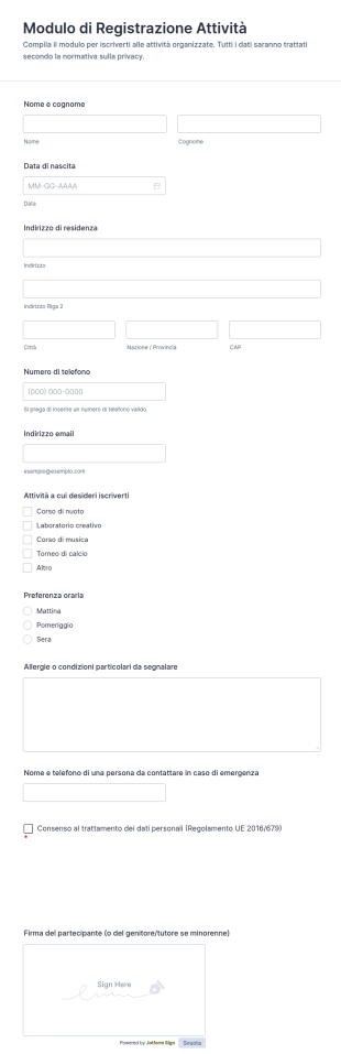 Modulo Di Iscrizione Alle Attività 🎉