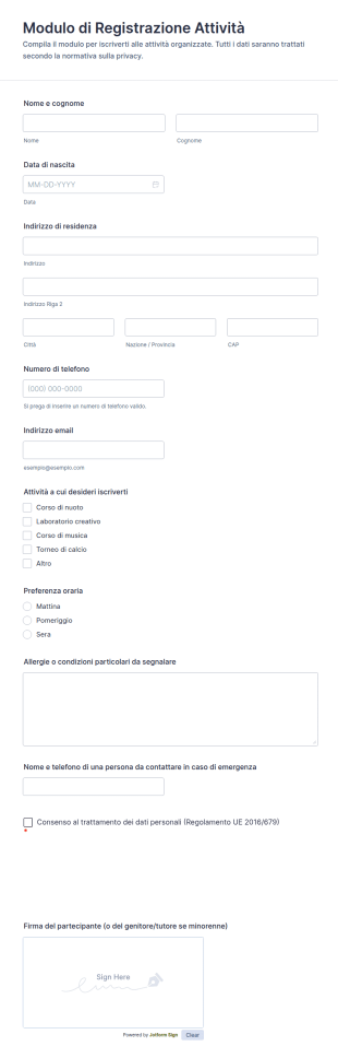 Modulo Di Iscrizione Alle Attività 🎉