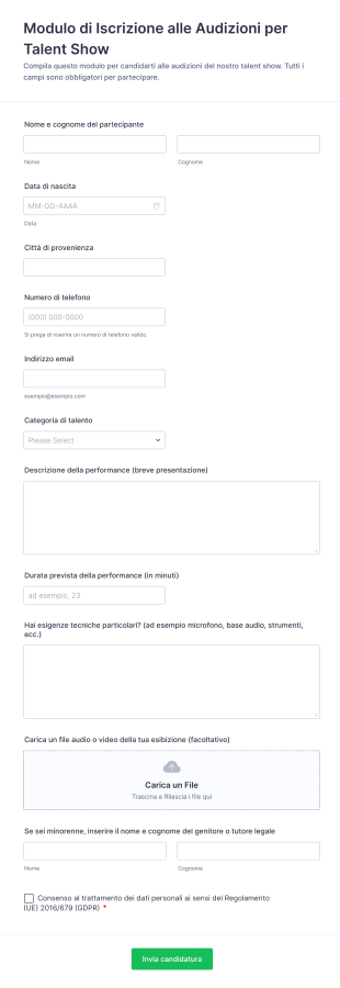 Modulo Di Iscrizione Alle Audizioni Per Talent Show