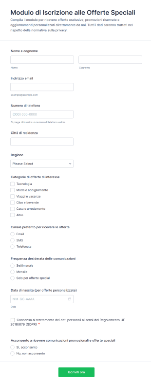 Modulo Di Iscrizione Alle Offerte Speciali