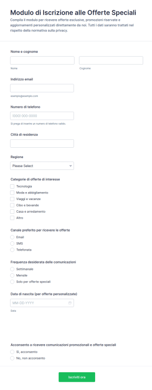 Modulo Di Iscrizione Alle Offerte Speciali