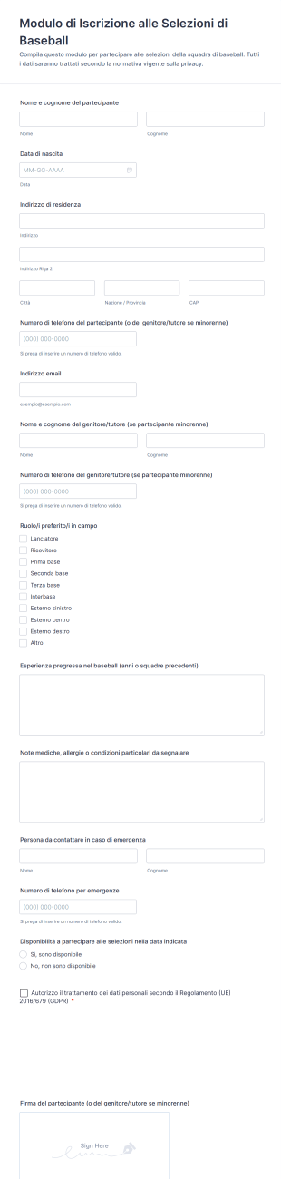 Modulo Di Iscrizione Alle Selezioni Di Baseball