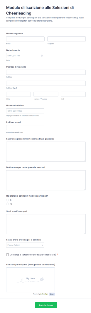 Modulo Di Iscrizione Alle Selezioni Di Cheerleading