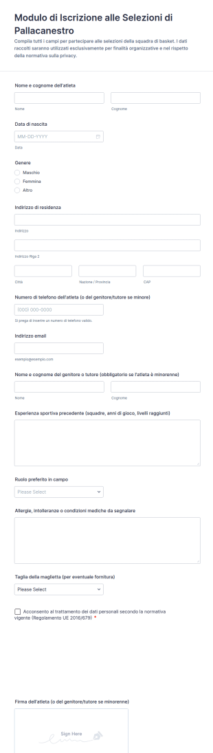 Modulo Di Iscrizione Alle Selezioni Di Pallacanestro